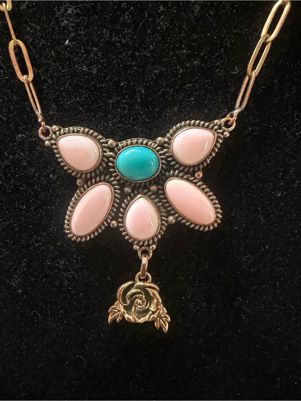 Genuine Pink Conc & Turquoise Floral Pendant Statement Copper Necklace - Picture 4 of 8